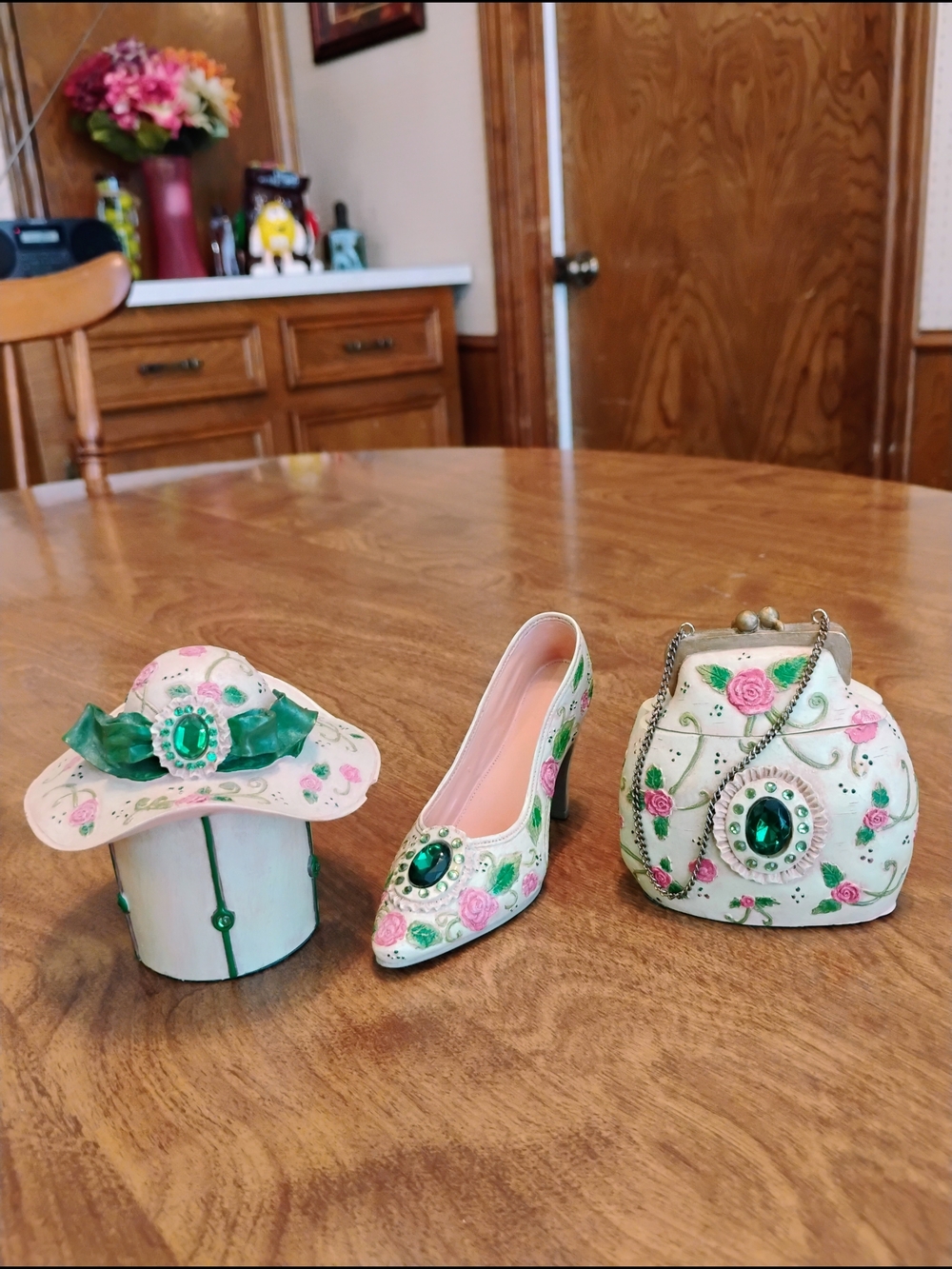 Sanna "Dress It Up" Trio Ceramic Floral Themed Miniature Set W/ Green Crystals